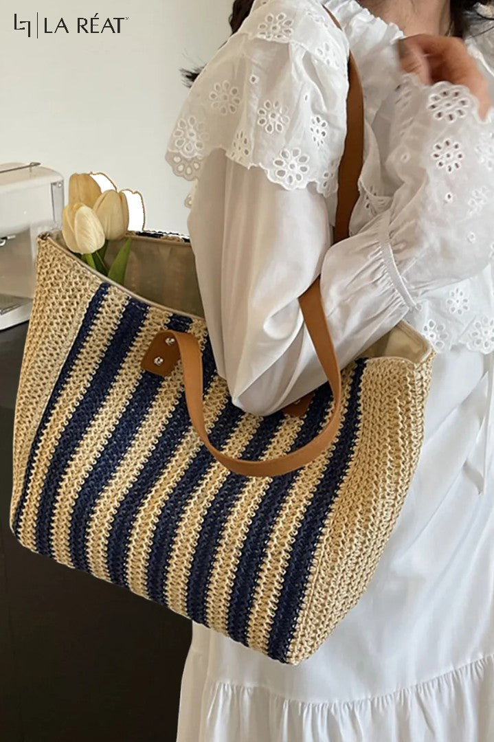 La Reat's Stripe Fashionable Casual Elegant Dual-Color Stripe Pattern Simple Shoulder Tote Woven Beach Bag