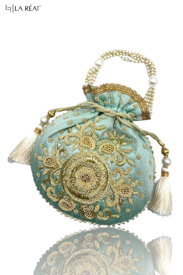 La Reat Kora Women's Bridal Fancy Party Hand Embroidery Potli Bags in Mint